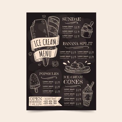 冰淇淋手工雕刻冰激凌黑板菜单模板餐厅手绘餐厅菜单