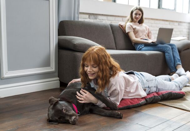 室内全镜头女人在地板上抚摸狗朋友在家里女人