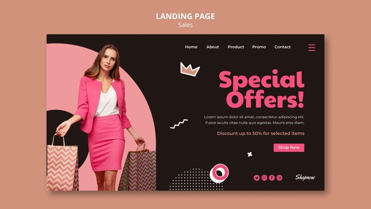 获得登录页面模板销售与女人在粉红色西装购物网页模板女人