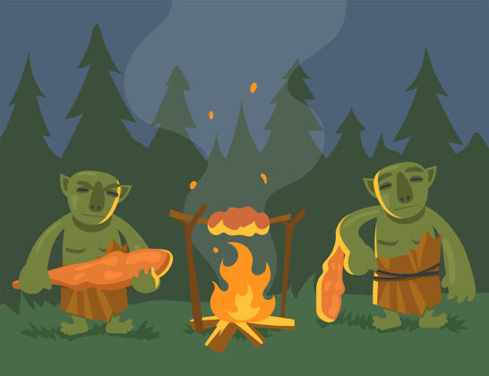 平板两个卡通绿色巨魔靠近篝火平面插图愤怒的兽人或怪物拿着警棍在森林里准备晚餐电脑游戏 幻想 童话 怪物概念晚餐火地精