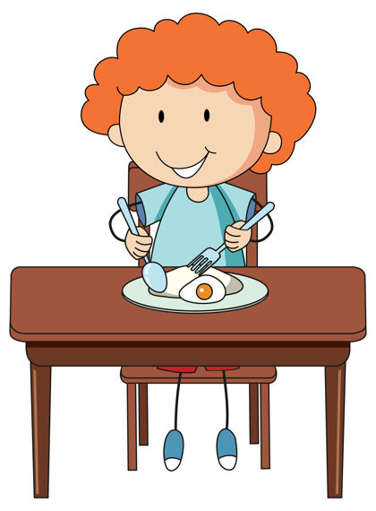 幼儿园一个正在吃早餐的男孩涂鸦卡通人物孤立卡通小学校