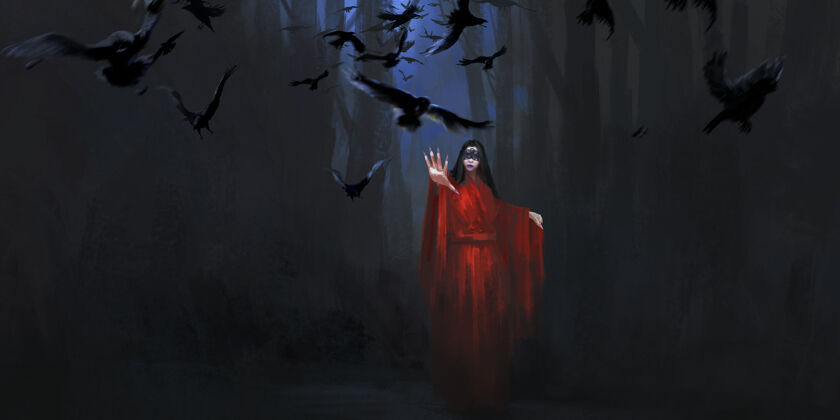 中世纪蒙面女巫 黑色风格的插图女人夜晚乌鸦