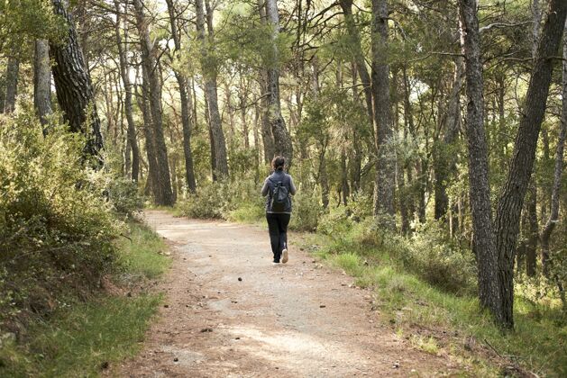森林年轻女子在森林里徒步旅行树阳光山