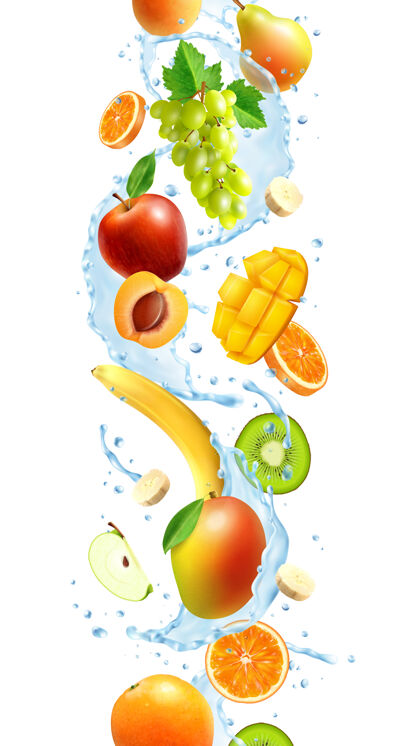 叶子现实的整体和切片水果在飞溅的水香蕉水果苹果