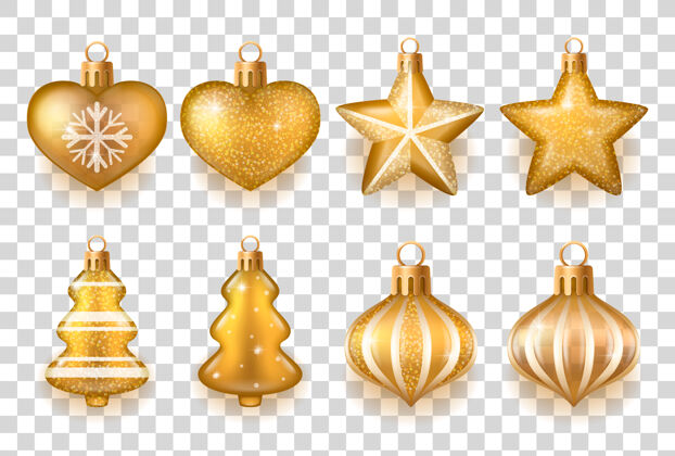 球逼真的不同形状的金色和白色圣诞树装饰集于一体黄金包星星