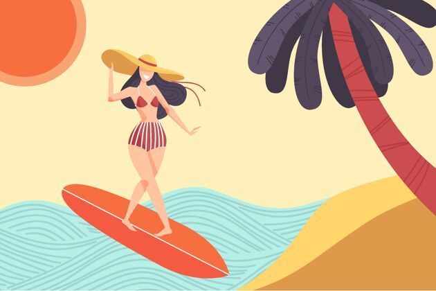 棕榈树手绘夏季插图女人女人冲浪