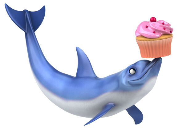 纸杯蛋糕有趣的海豚三维插图水生动物海洋甜点
