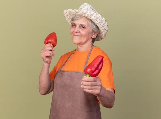 橄榄高兴的上了年纪的女园丁戴着园艺帽 手里拿着橄榄绿上的红辣椒园艺女花园