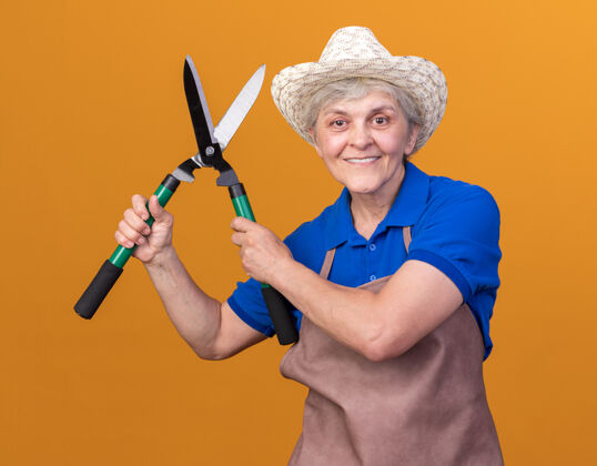 园艺微笑的上了年纪的女园丁戴着园艺帽拿着园艺剪刀放在桔子上女帽子老人