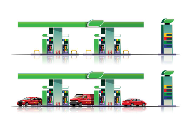 未来汽车和货车停在加油站加油卡通动力车辆