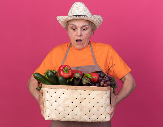 花园兴奋的上了年纪的女园丁戴着园艺帽 捧着粉红色的菜篮看着篮子帽子园艺