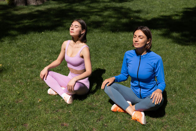 平衡阳光明媚的日子里 两个穿着运动服的漂亮女人在公园的草地上做瑜伽 晒太阳健康运动女性