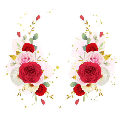 花束美丽的花环与水彩粉白色和红色玫瑰植物牡丹优雅
