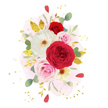 浪漫粉色 白色和红色玫瑰的水彩花束花瓣水彩花卉
