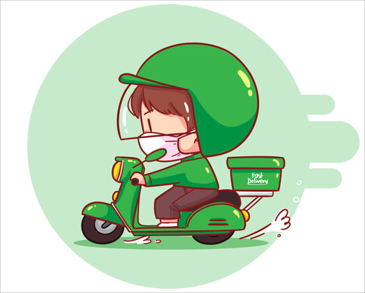 包装送饭可爱的男人骑摩托车 卡通艺术插画卡通地点制服