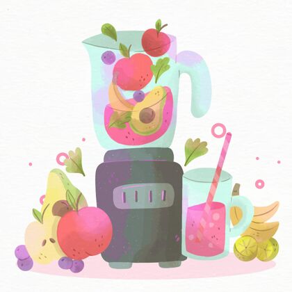 搅拌机手绘水彩画冰沙美食水果手绘