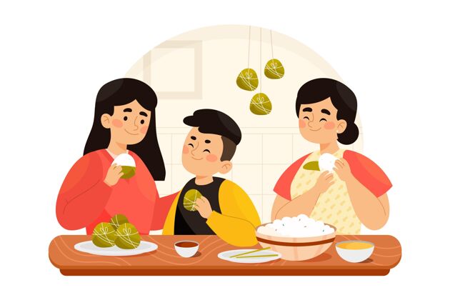 粽子手绘水彩龙舟一家准备吃粽子插画中国赛龙舟米饭