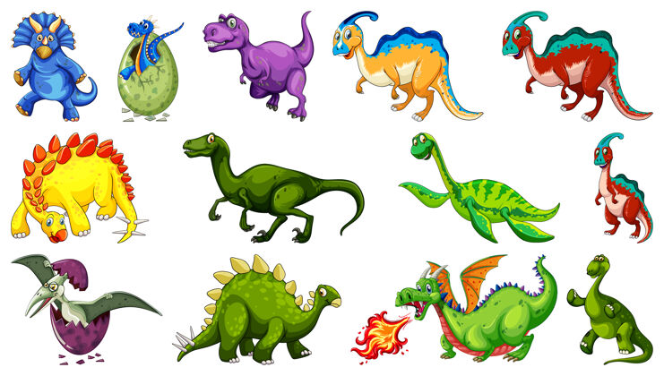收集不同的恐龙卡通人物和奇幻龙隔离龙非洲人物