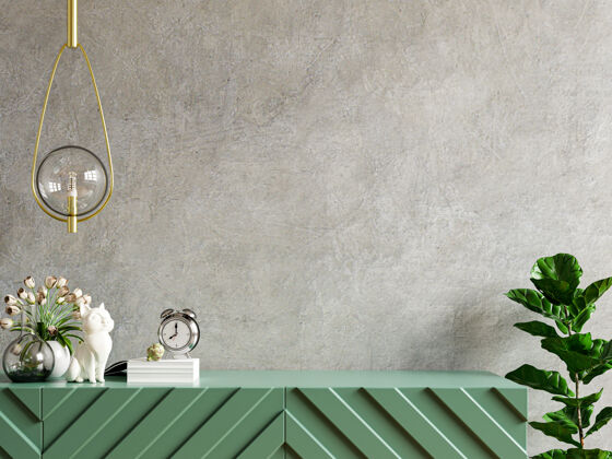架子实体模型混凝土墙与装饰植物和装饰项目的内阁地板3d放松
