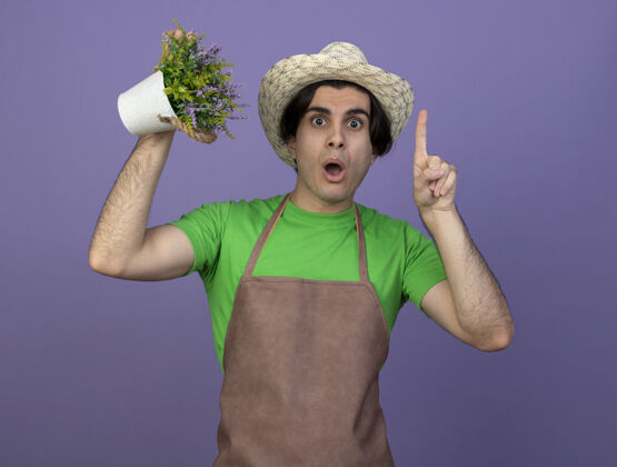 穿印象深刻的年轻男园丁穿着制服戴着园艺帽捧着花盆里的花点在紫色上孤立起来年轻帽子举行