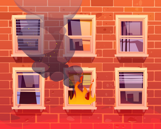 烟雾房子的窗户着火了 燃烧的火焰持续燃烧 大楼里有黑蒸汽卡通燃烧城镇