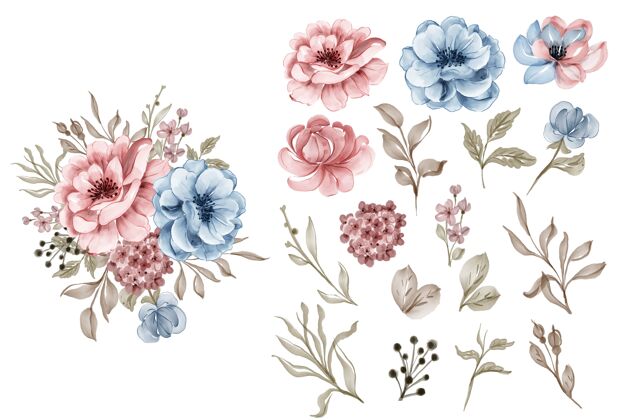 花束一套花粉色蓝色和叶子孤立剪贴画手绘粉红花水彩