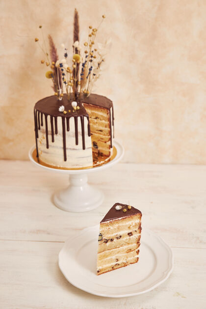 佳肴香草蛋糕的特写镜头 上面有巧克力滴和鲜花营养食物美味
