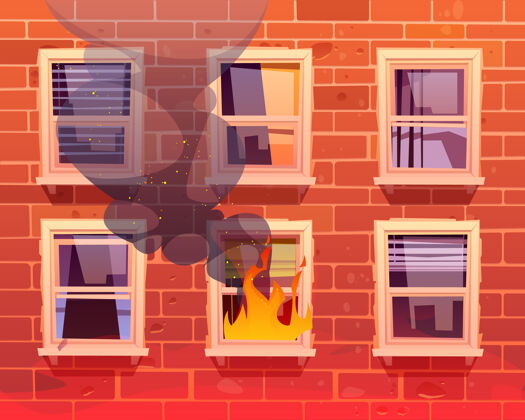 烟雾房子的窗户着火了 燃烧的火焰持续燃烧 大楼里有黑蒸汽卡通燃烧城镇