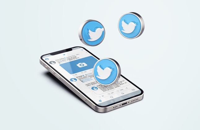 成功推特上的银色手机模型与三维图标网络应用程序屏幕