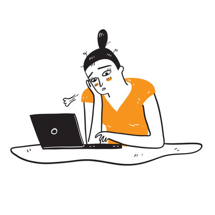 卡通一个悲伤的女商人远程工作的插图笔记本电脑坐着工作