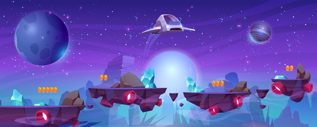 飞船太空游戏水平横幅与平台和飞行宇宙飞船水平不明飞行物视频游戏