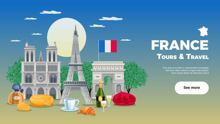 视觉法国旅游插图与景点和美食符号单位法国平面巴黎