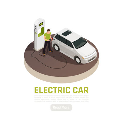 环保绿色能源生态等角图 带电动汽车充电站可编辑文本和阅读更多按钮样本文本等距绿色