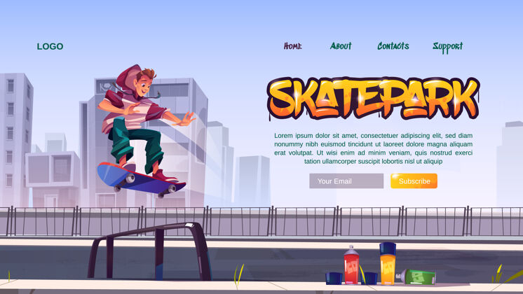 溜冰溜冰公园网站与男孩骑在溜冰板上的溜冰场乘坐网站登录页