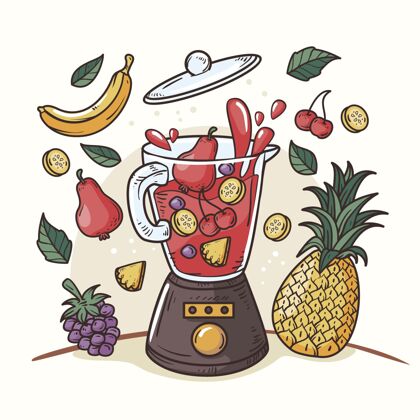 健康饮料手绘果汁在搅拌机玻璃插图手绘水果冰沙美味