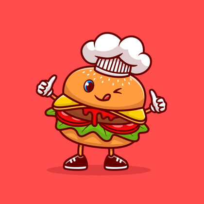 平面设计可爱的汉堡包厨师竖起大拇指卡通图标插图美食厨师图标孤立平面卡通风格卡通人物竖起大拇指厨师