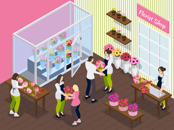 等距花店等距工作人员与不同的花和顾客购买花束工作花束员工