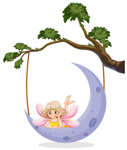 卡通月亮上可爱的仙女神话树绘画