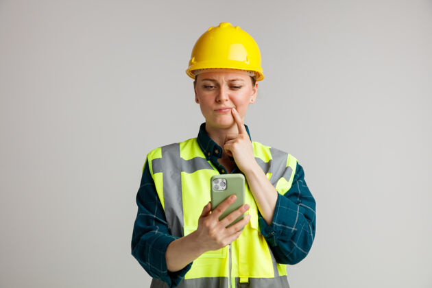 电话困惑的年轻女建筑工人戴着安全帽和安全背心 拿着手机看着 手指放在嘴角嘴手指角落
