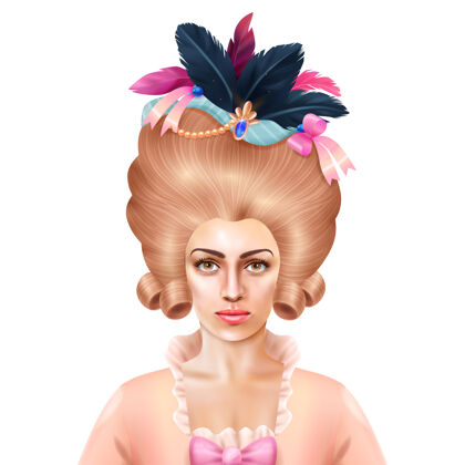 豪华俏皮优雅的18世纪女性假发与五颜六色的羽毛现实假发头部