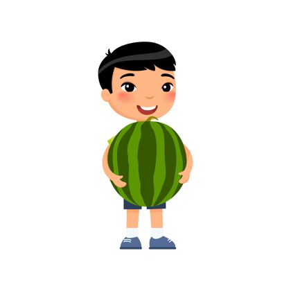 小可爱的亚洲男孩抱着西瓜收割的概念幼儿园亚洲人欢呼