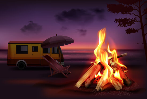 拖车一夜之间在大自然中真实燃烧的篝火插图营火多彩自然