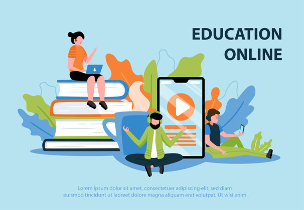 人网上教育平面海报与年轻人参与网络研讨会插图在线教育教育在线