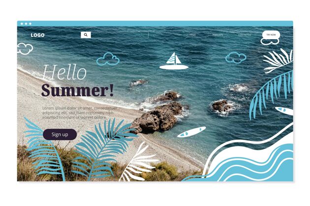 季节手绘夏季登陆页模板与照片静态页手绘潜在客户捕获页