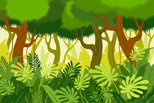 平面插图卡通丛林背景与高大的树木平面丛林卡通设计多彩