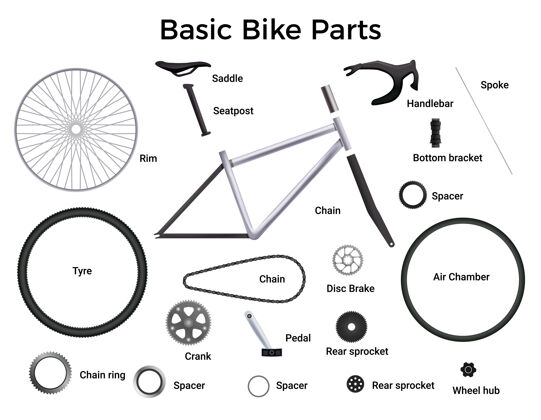 零部件真实的自行车零件集与孤立的插图车轮自行车链条