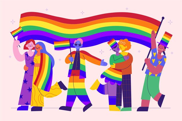 女同性恋有机平面自豪日人们收集同性恋者彩虹旗帜变性人