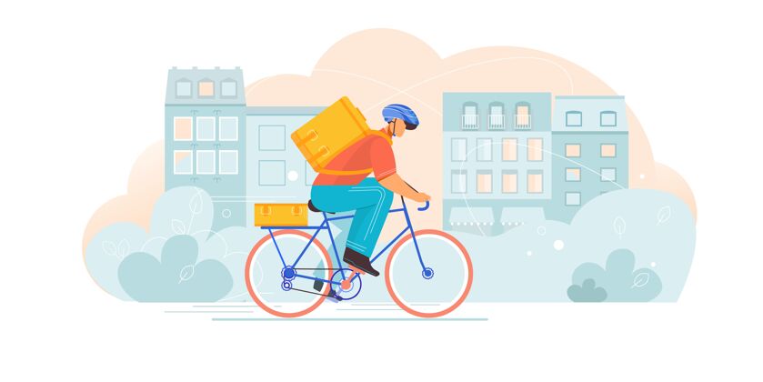 承运人自行车送货组成与平面特征的快递骑自行车与邮袋上的城市景观自行车自行车包