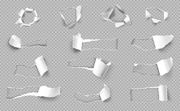 边缘撕碎的纸与不同形状的边缘真实透明集隔离透明形状现实