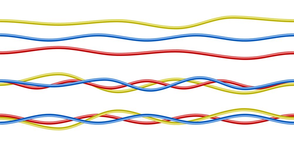 钢彩色逼真的红色 蓝色和黄色电力电缆隔离在白色绝缘电串